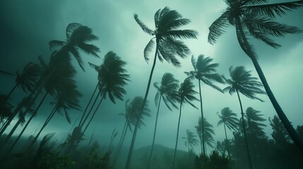 Coconut trees bend and sway during a storm.