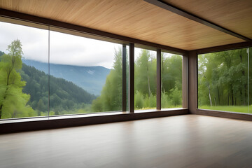 Empty room, large windows overlooking nature. Nobody is inside an empty space.