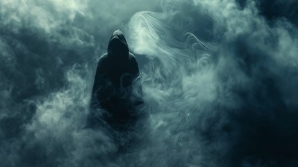 Creepy figure cloaked in a hood stands amidst the swirling, mystical fog of death. - obrazy, fototapety, plakaty