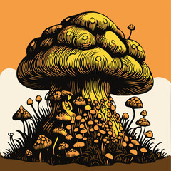 Vector art. Isolated art. Mushroom tree and girl sitting under. Wonderland