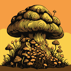 Vector art. Isolated art. Mushroom tree and girl sitting under. Wonderland