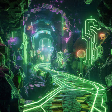 Alien Landscape: Imagine the metaverse tunnel as an alien landscape filled with geometric formations and alien circuitry. Experiment with otherworldly shapes and colors. Generative AI