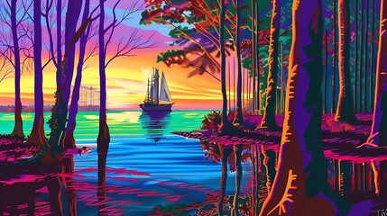 an image featuring a ship at sunrise on a peaceful sea, surrounded by a Hockney-inspired forest...