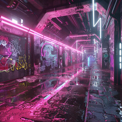 Cyberpunk Aesthetic: Embrace a cyberpunk aesthetic with a futuristic metaverse tunnel featuring neon-lit polygon shapes and intricate circuitry patterns. Incorporate elements such as graffiti art.