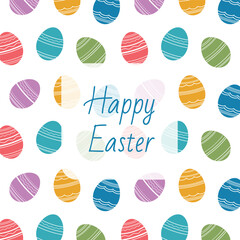 Cute cartoon hand drawn vector Happy Easter holiday seamless pattern with colorful multi colored decorated pattern Easter eggs with text Happy Easter