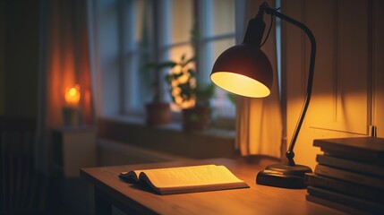 Desk adorned with a lamp and book.