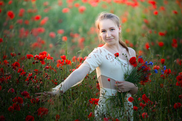 Petal Pathways: A Girl Strolling Through a Garden of Poppies