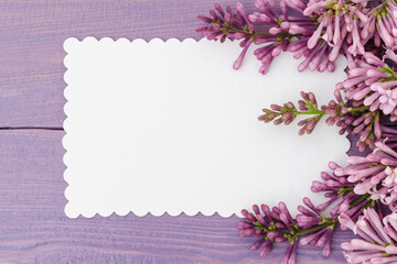 Lilac branch and empty white card on lilac wooden surface