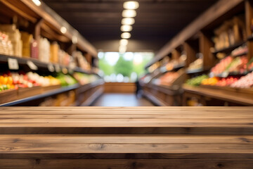 Empty wooden table with a beautiful grocery store background
