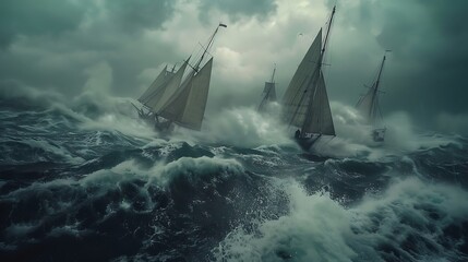 an image of a fleet of sailing ships navigating through a stormy sea, capturing the intensity of the moment and showcasing the raw power of nature against the resilience of the vessels