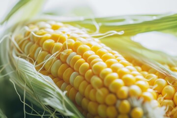 Close-up of Fresh Corn on the Cob with Husk - obrazy, fototapety, plakaty