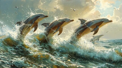 Dolphins gracefully leaping through the fluid ocean waves