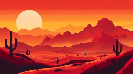 Abstract desert landscape art background featuring the rugged terrain of Texas's western mountains adorned with cacti. The scene is set against a backdrop of a red sky and a radiant sun