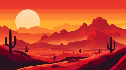  Abstract desert landscape art background featuring the rugged terrain of Texas's western mountains adorned with cacti. The scene is set against a backdrop of a red sky and a radiant sun © Azad