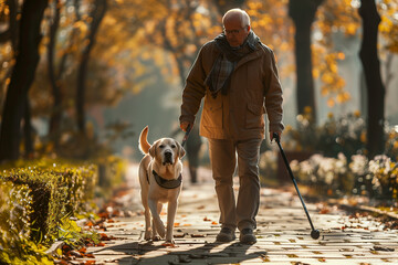 A blind man with a guide dog for a walk in the park