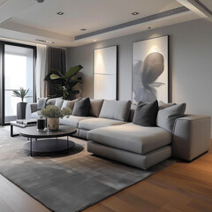 Minimalist Elegance: Design a clean and modern living room setting with a gray sofa as the focal point. Place the sofa on a sleek wooden floor with minimalistic furnishings. Generative AI