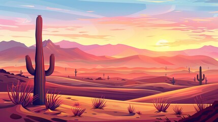 A vector background depicting a sandy desert landscape with cacti, set against the backdrop of a sunset over the horizon, showcasing desert dunes.      