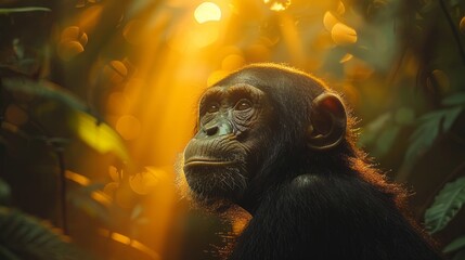 A primate observes the sun in the jungle, surrounded by darkness and wildlife - obrazy, fototapety, plakaty
