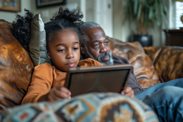 Man and Girl Looking at Tablet on Couch