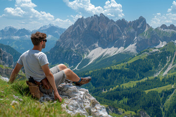 Naklejka na ściany i meble Man Sitting on Mountain Overlooking Valley