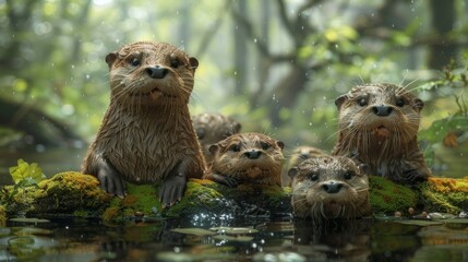 A family of otters standing in the water in a natural landscape