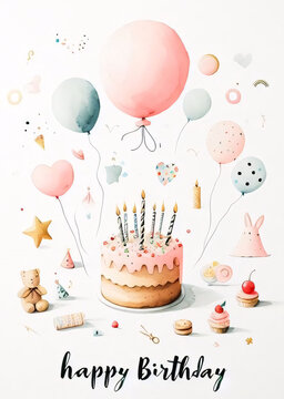 This image beautifully captures the essence of a joyous birthday celebration. The centerpiece is a whimsically decorated cake with lit candles, surrounded by floating balloons and wrapped gifts.