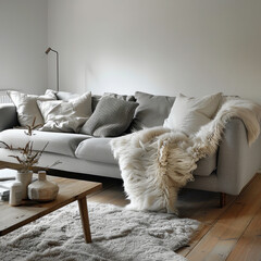 Scandinavian Comfort: Create a cozy and inviting living space with a gray sofa placed on a warm-toned wooden floor. Add soft textures such as wool throw blankets. Generative AI