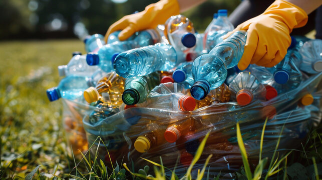 Volunteers cleaning up the park, collecting plastic and glass bottles in a big plastic bag.