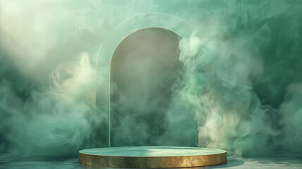 A green and gold stage with a smokey atmosphere. The round  3d product display, Podium for product...