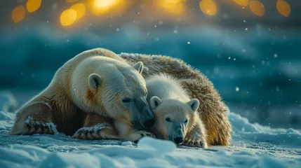 Foto op Canvas A polar bear and her cub rest in the snowy natural landscape © Yuchen