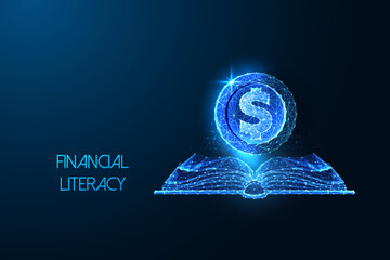 Financial literacy, economics education futuristic concept with open book and dollar coin