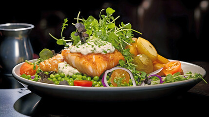 Food piled high and created to make you satiated and deliver maximum nutrition - a full plate of mixed salad with a fillet of fish on top and cress garnish against a dark background  - 769196041