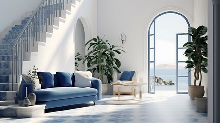 an image of a living room with blue steps, a luxuriously styled sole sofa, - obrazy, fototapety, plakaty