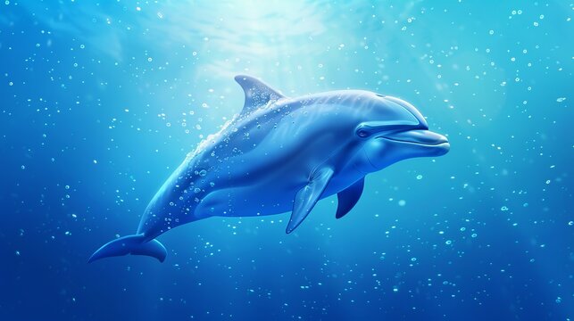 A 3D vector depiction of a dolphin against a blue background within a virtual space, offering a dynamic and visually engaging scene