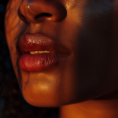 extreme close up woman lips. Golden hour lighting, dramatic shade