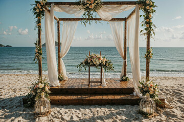Summer outdoor wedding ceremony decoration, Beach wedding podium