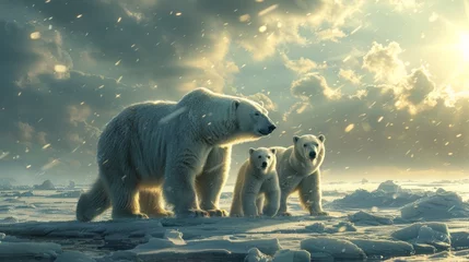 Foto op Canvas Group of polar bears in snow, resembling a painting in a natural landscape © Yuchen