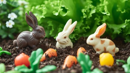 Chocolate and Toy Easter Bunnies Amongst Spring Vegetation - obrazy, fototapety, plakaty