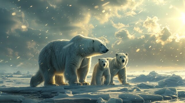 Group of polar bears in snow, resembling a painting in a natural landscape