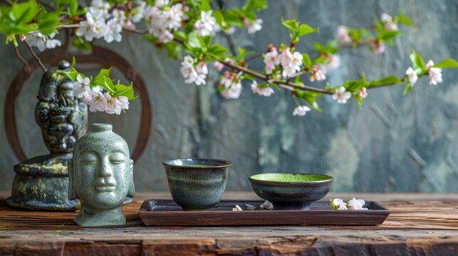Tranquil Zen Tea Setting with Blossoms