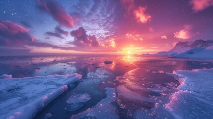 Sunset paints the sky over icy waters, framed by majestic mountains