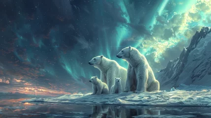 Foto op Plexiglas Three polar bears perched on ice, surrounded by a beautiful natural landscape © Yuchen