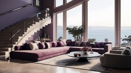 an image of a living room with purple steps, a luxuriously styled sole sofa - obrazy, fototapety, plakaty