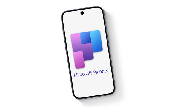Microsoft Planner logo is displayed on a modern smartphone with shadow on a white underground, planning application available on the Microsoft 365 platform, management, sharing, and organization, 2024