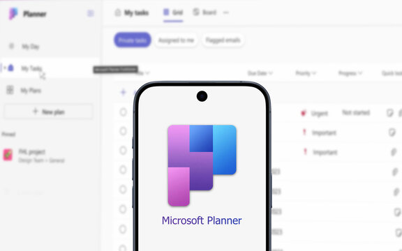 New Microsoft Planner logo is displayed on a modern smartphone, application in the background, planning application, Microsoft 365, Copilot, artificial intelligence, management, sharing, organization