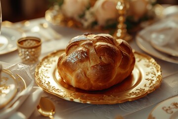 Elegant table setting with traditional braided bread - obrazy, fototapety, plakaty