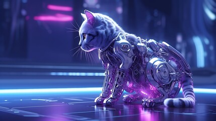 an image of a lone cyborg cat, its metallic enhancements gleaming in the purple monotony of an...