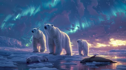 Fototapeten Group of polar bears on frozen water, under electric blue sky © Yuchen