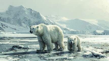 Two polar bears in the snow, part of the natural landscape