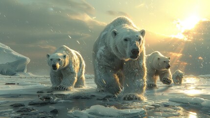 A pack of carnivorous polar bears gracefully swim through the liquid - obrazy, fototapety, plakaty